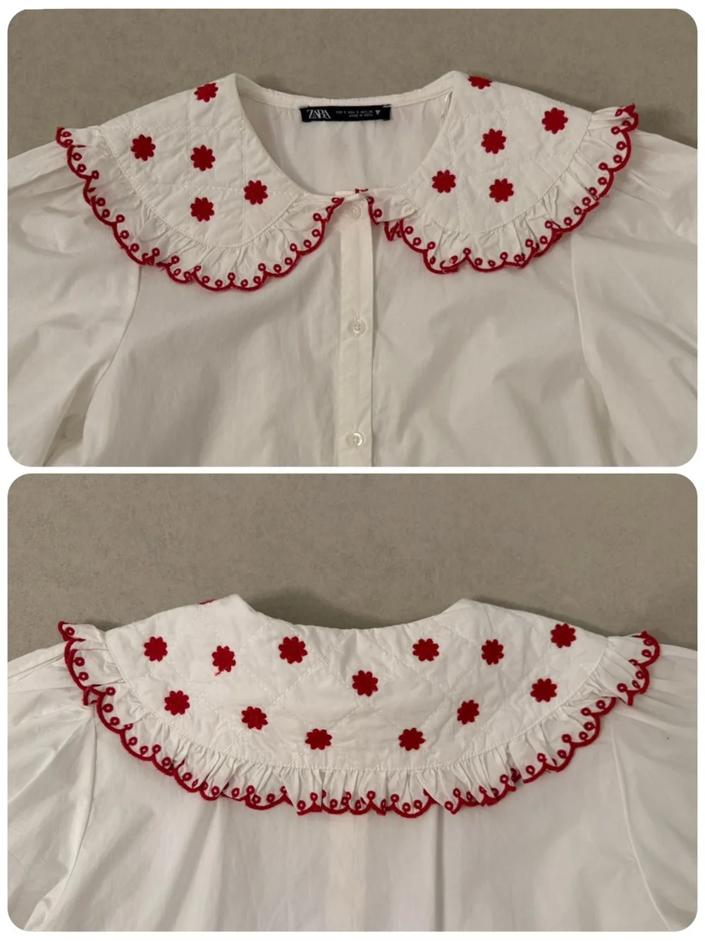 Zara White Red Embroidered Ruffle Peter Pan Collar Puff Sleeve Cotton Blouse S